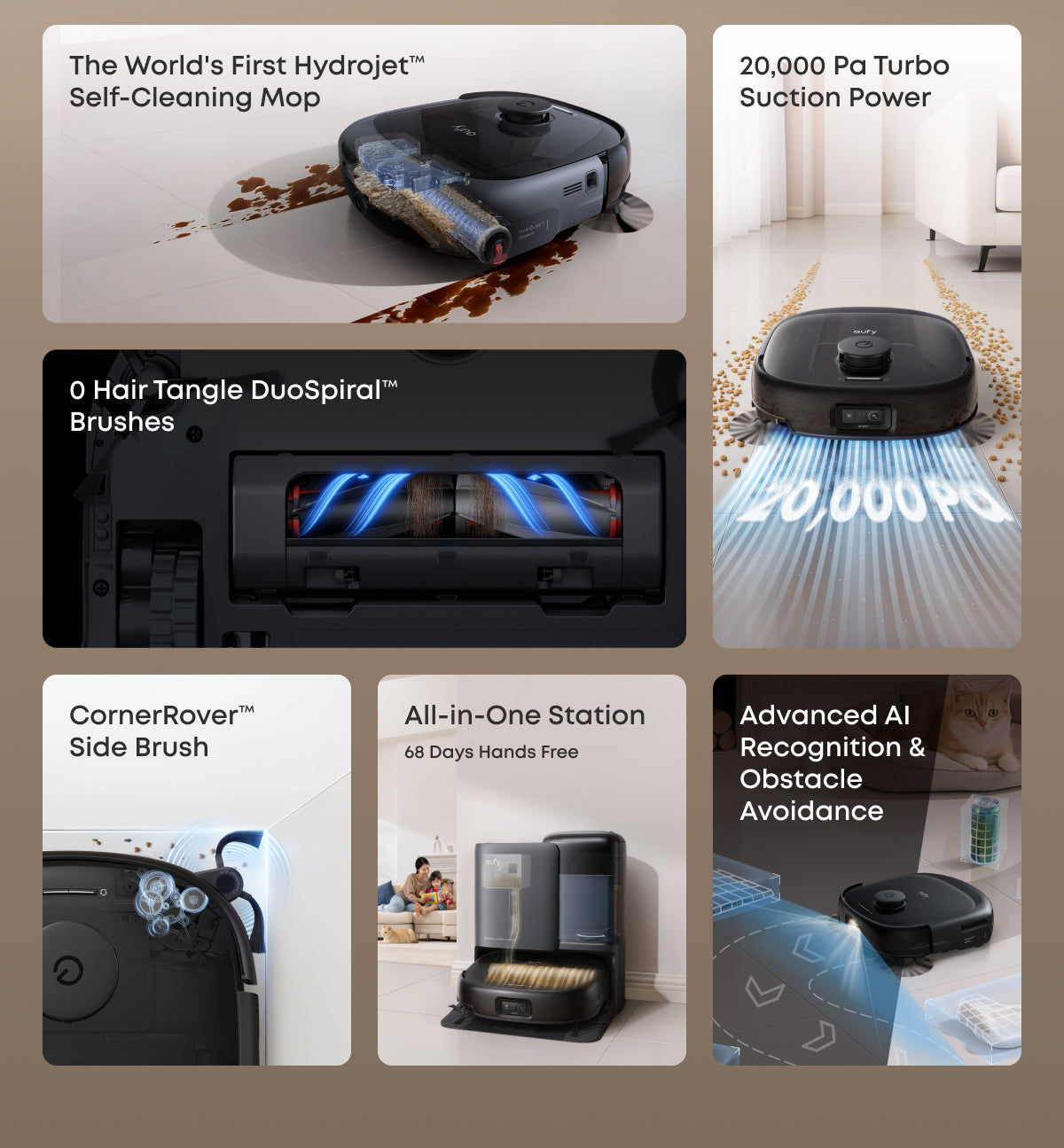 Eufy E25 Omni Robot Vacuum and Mop Combo, HydroJet System, 20,000Pa Turbo Suction, Zero-Tangle Design, Edge-to-Corner Deep Cleaning, Obstacle Avoidance, Auto-Empty & Self-Cleaning All-in-One Station - T2353