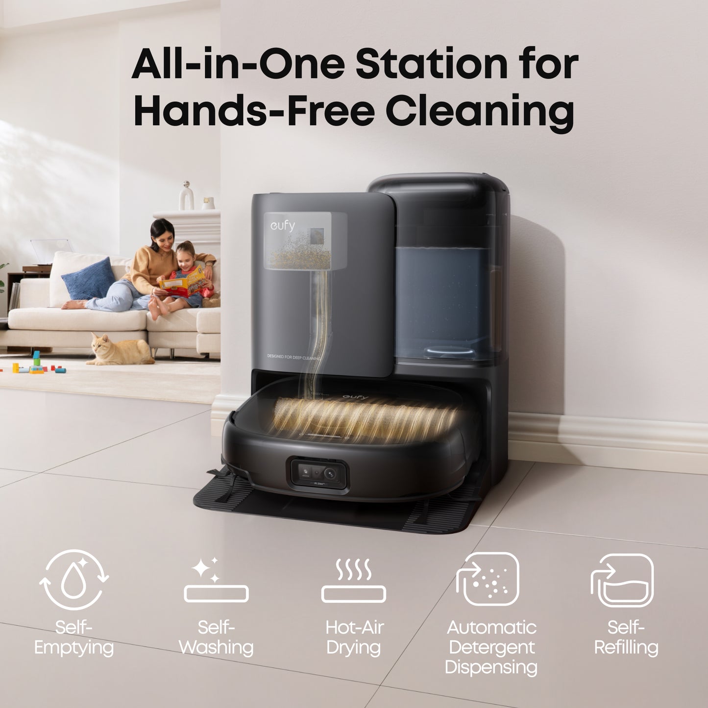 Eufy E25 Omni Robot Vacuum and Mop Combo, HydroJet System, 20,000Pa Turbo Suction, Zero-Tangle Design, Edge-to-Corner Deep Cleaning, Obstacle Avoidance, Auto-Empty & Self-Cleaning All-in-One Station - T2353