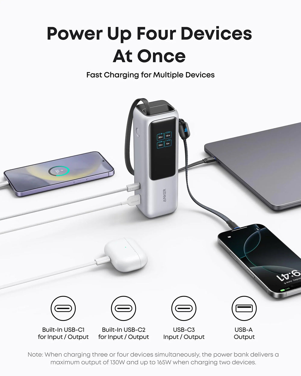 Anker Laptop Power Bank Smart Digital Display Touch 25.000mAh Triple 100W USB-C ports 165W GaN Fast Charging PPS PD 3.0 UFCS Built-in and Retractable Cables iPhone, MacBook, Samsung Steam Deck DJI Flight safe