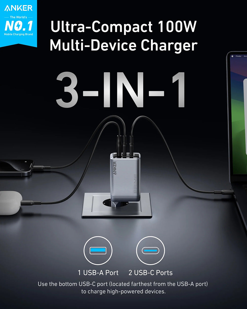 Anker GaN Prime Charger 100W with USB-C Charger 3 Port GaN Wall Charger Fast Charging