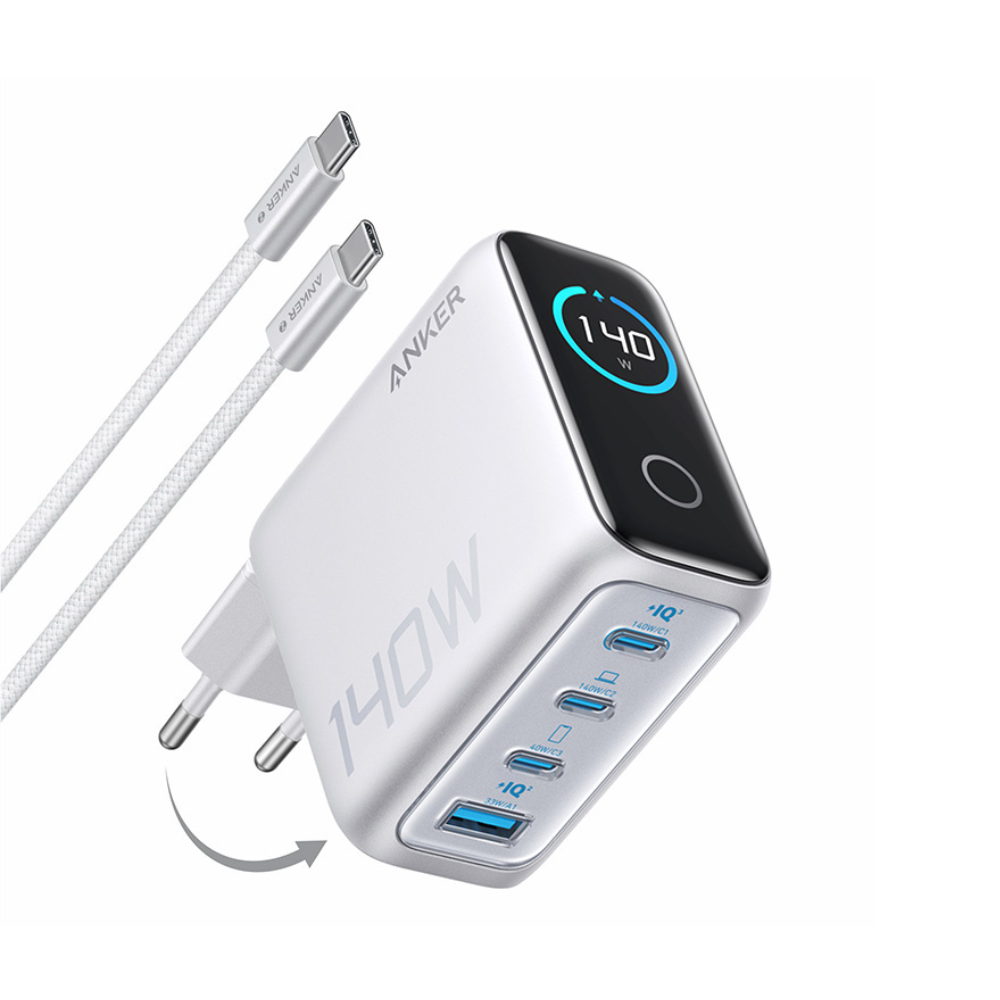 Anker Smart Digital Touch Display 140W GaN Charger Foldable Fast Charging 4 Ports with Type C Cable Temperature control PPS PD3.1 Laptop MacBook Samsung
