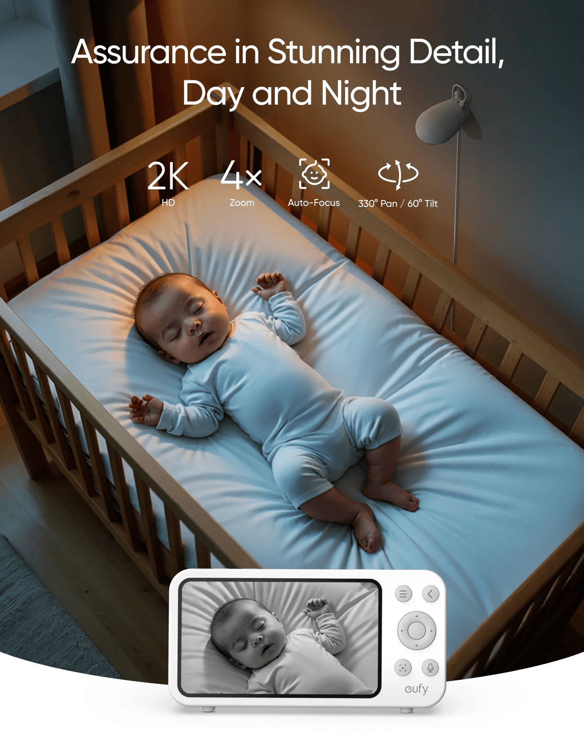 Eufy Baby Monitor E20 with 2K HD Resolution Camera 4.5" 480p Display Hybrid Wi-Fi and No Wi-Fi Connection App and Monitor Control Ultra-Clear Night View Pan-Tilt 4x Zoom Portable with Built-In Battery - E8352