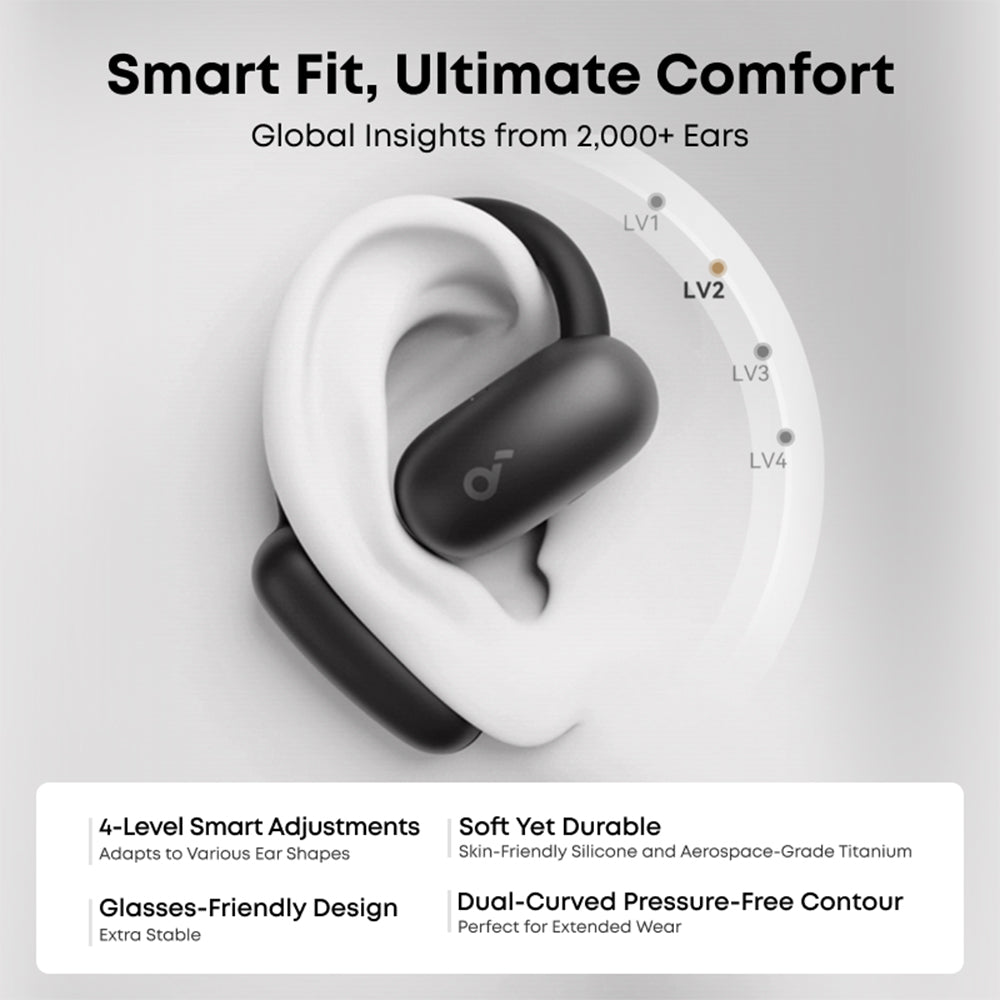 Soundcore by Anker AeroFit 2 OWS Hi-Res Wireless Audio AI Translation LDAC Bluetooth 5.4 IP55 AI Clear Calls Open Ear Adjustable Ear Hooks Snug Fit and Rich Bass - A3874
